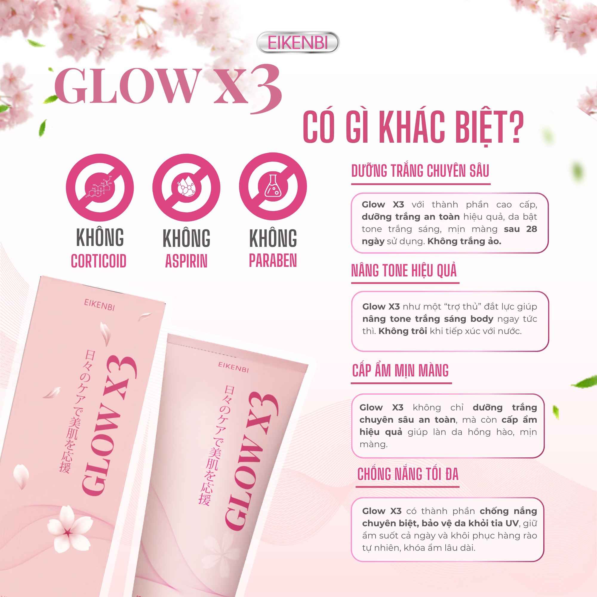 Công Dụng Của Kem Kích Trắng Body Nâng Tone Glow X3 Eikenbi 
