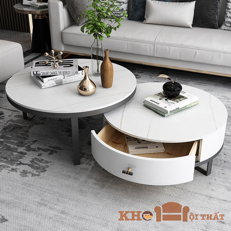 Bàn sofa đôi tròn có hộc kéo chân sắt hiện đại mặt đá ceramic BTS-98
