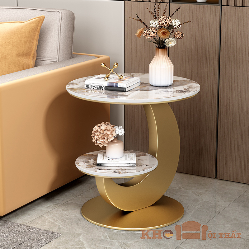 Bàn sofa góc tròn 2 tầng mặt đá ceramic BTSF-09