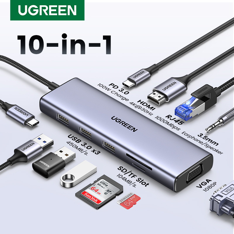 Hub USB Type-C 10 in 1 Ugreen 15601 CM498 1x HDMI 4k30Hz, VGA FullHD, 3x USB 3.0, Lan 1Gbps, 3.5mm, SD/TF, Sạc PD 100W