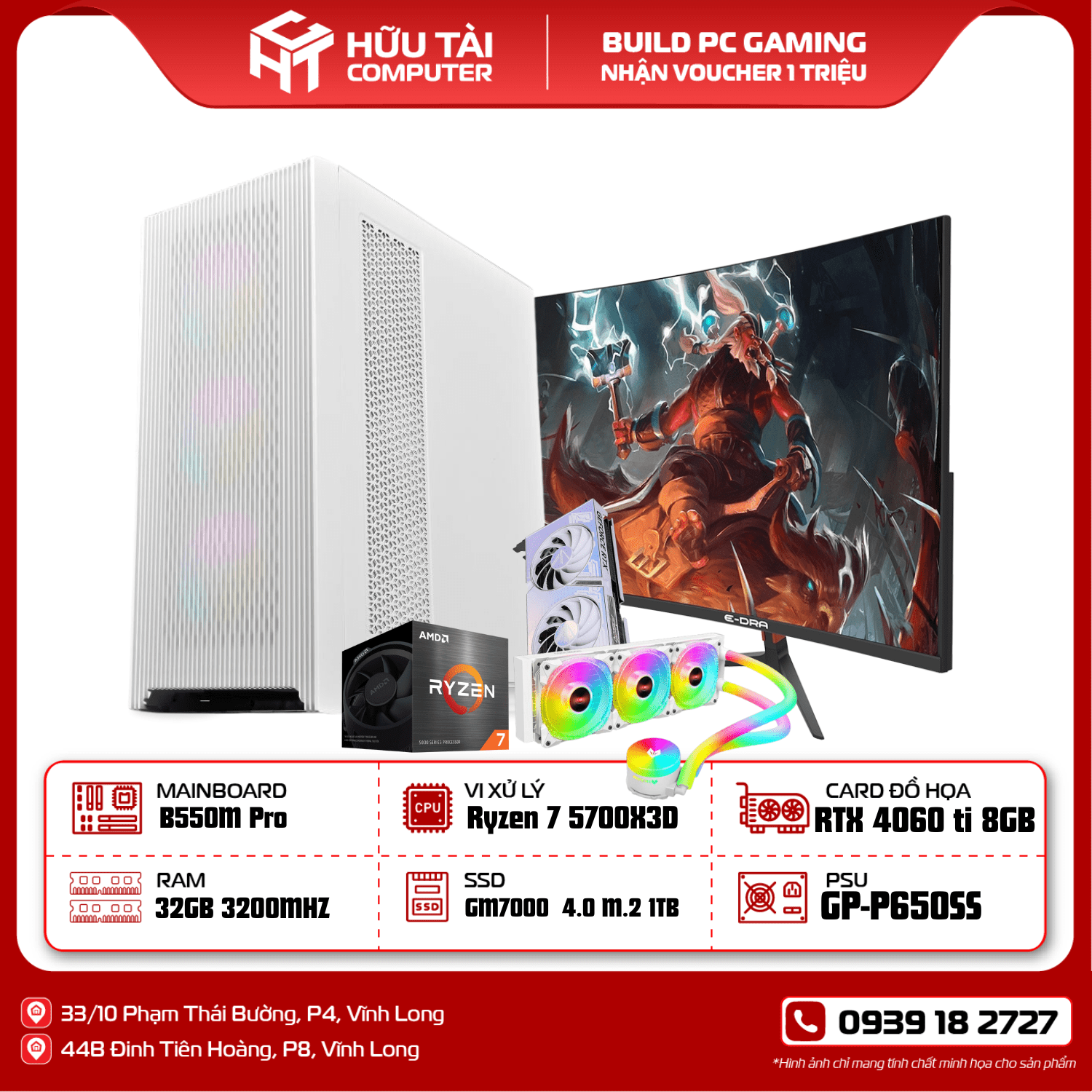 FULL PC GAMING HTC MIK STORM 360 WHITE 3FA(B550M , Ryzen 7 5700X3D, RAM 16GB 3200Mhz , SSD  GM7000 1TB, GIGABYTE 650W GP-P650SS,  Colorful iGame GeForce RTX 4060 Ti Ultra )