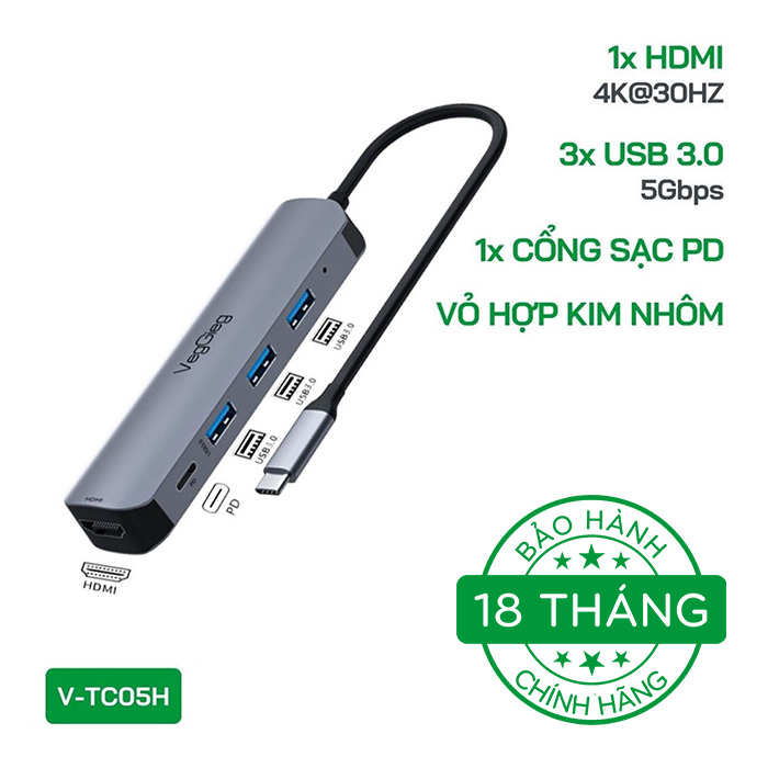 HUB chuyển đổi VegGieg Type C - 5 in 1 V-TC05H