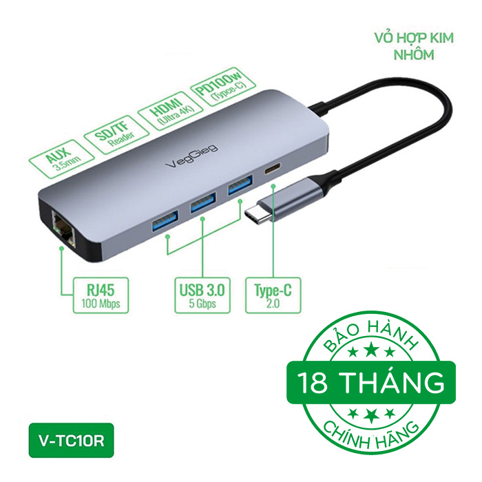 HUB chuyển đổi VegGieg Type C - 10 in 1 V-TC10R