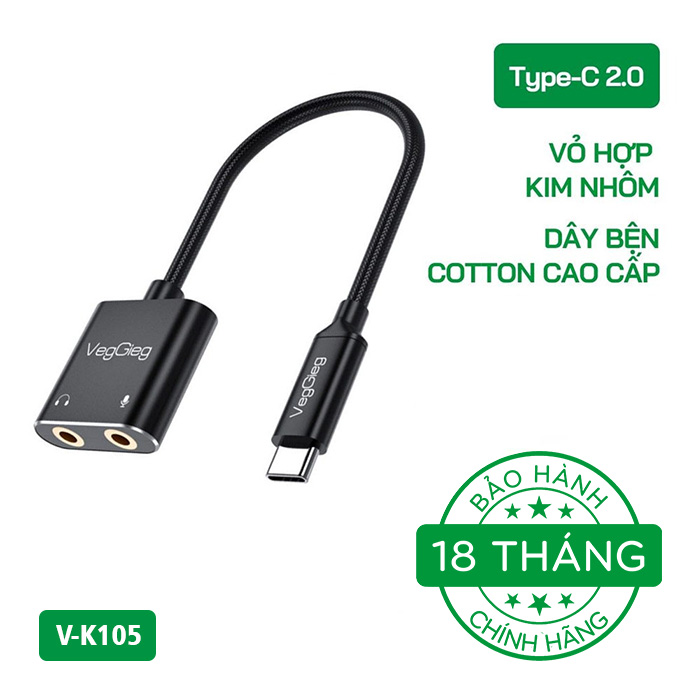 Bộ chuyển đổi Âm thanh VegGieg Type-C ra AUX 3.5 + MIC V-K105