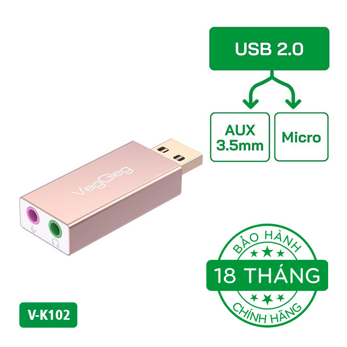 Bộ chuyển đổi Âm thanh VegGieg USB2.0 ra Aux 3.5 + Mic V-K102