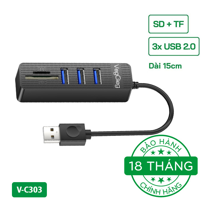 Hub USB2.0 ra 3 cổng USB2.0 + Đầu Đọc Thẻ (SD+TF) VegGieg V-C303