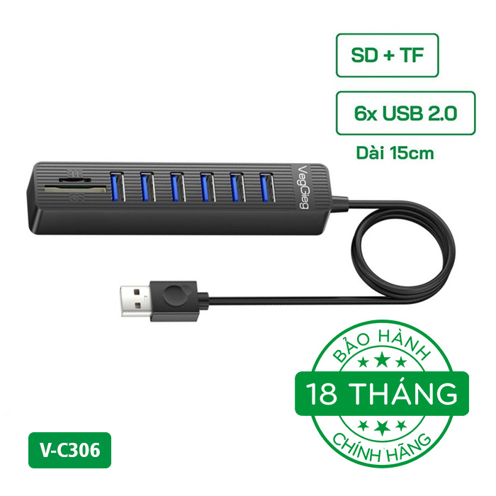 Hub USB2.0 ra 6 cổng USB2.0 + Đầu Đọc Thẻ VegGieg V-C306