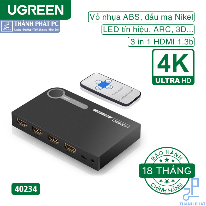 Bộ gộp HDMI 3 vào 1 ra hỗ trợ 3D 4K30hz Ugreen 40234