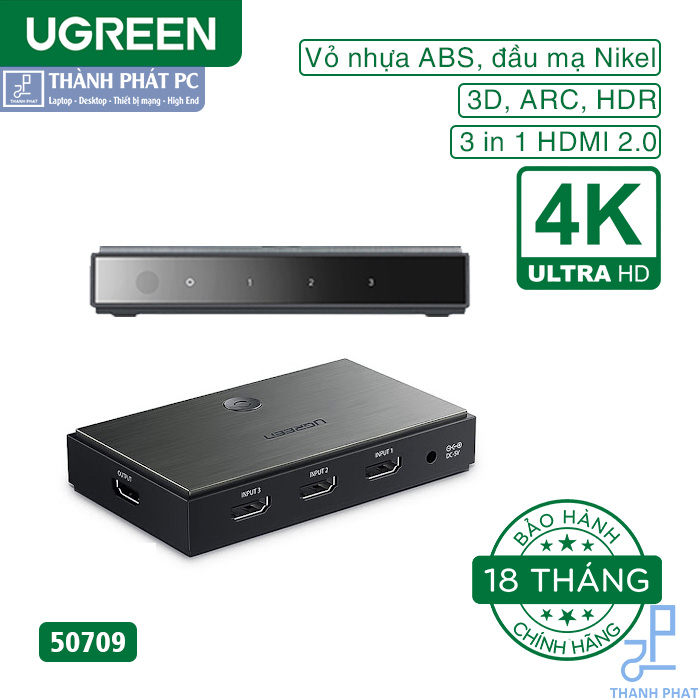 Bộ gộp HDMI 3 vào 1 ra HDMI 2.0 4K60Hz Ugreen 50709