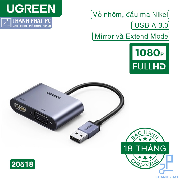 Cáp chuyển đổi USB 3.0 sang HDMI/VGA 1080P60Hz Ugreen 20518