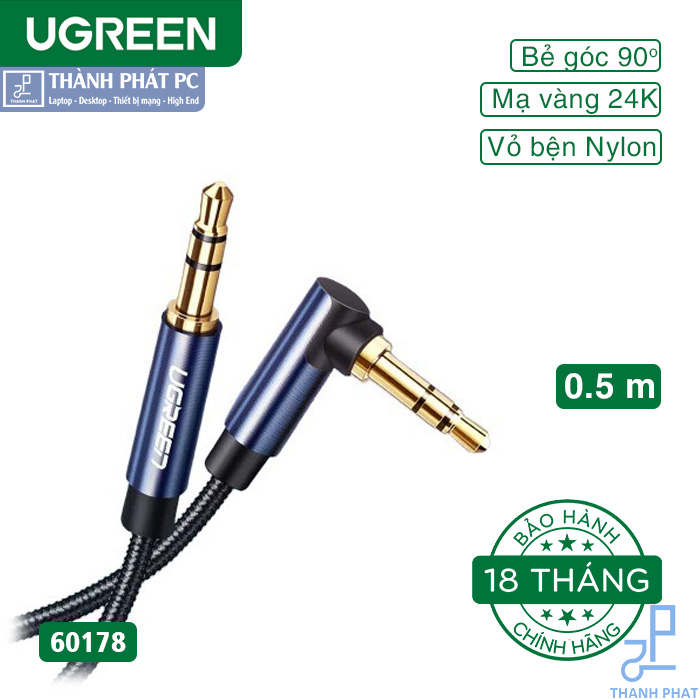 Cáp AUX 3.5mm bện Nylon bẻ góc 90 độ dài 0,5m Ugreen 60178