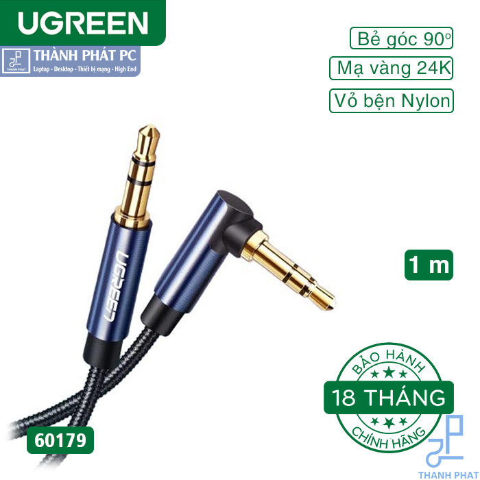 Cáp AUX 3.5mm bện Nylon bẻ góc 90 độ dài 1m Ugreen 60179