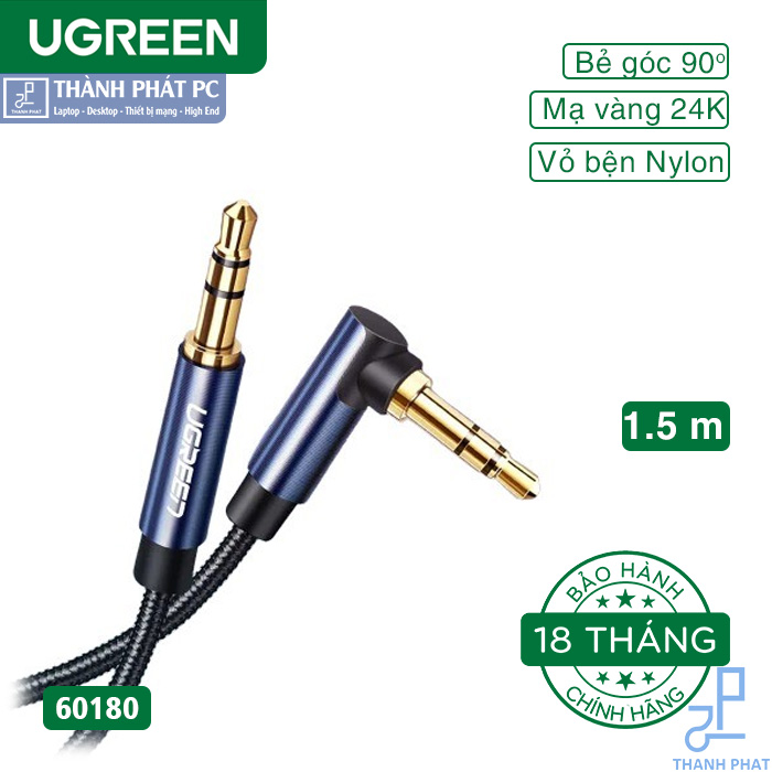 Cáp AUX 3.5mm bện Nylon bẻ góc 90 độ dài 1.5m Ugreen 60180