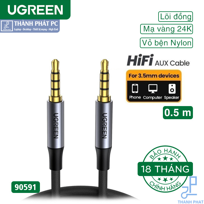 Cáp AUX 3.5mm 2 đầu TRRS 4 cực có mic dài 0,5m Ugreen 90591