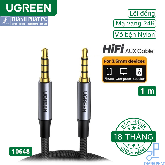 Cáp AUX 3.5mm 2 đầu TRRS 4 cực có mic dài 1m Ugreen 10648