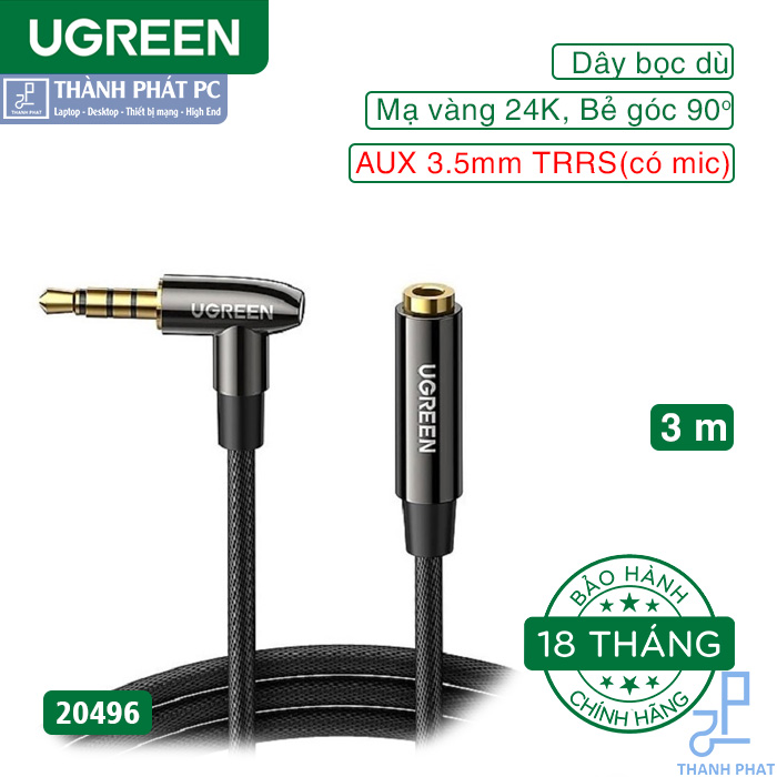 Cáp nối dài AUX 3.5mm TRRS bẻ bóc 90 độ dài 3m Ugreen 20496