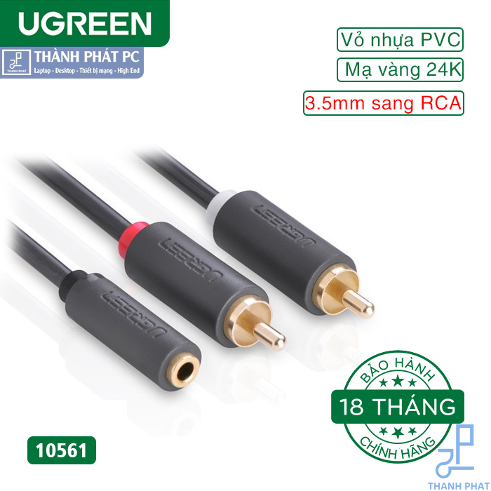 Cáp chuyển đổi Audio 3.5mm âm ra 2 RCA dương dài 20cm Ugreen 10561