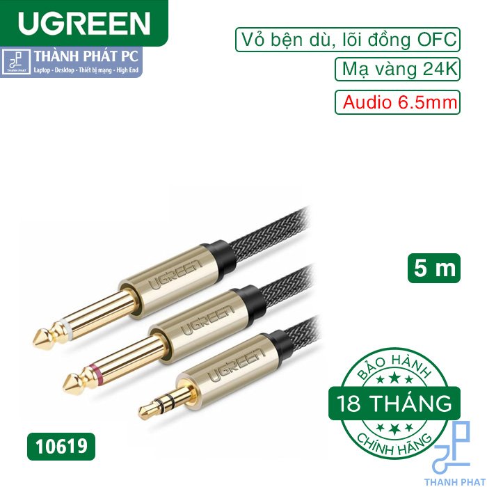 Cáp Audio 3.5mm sang 2 đầu 6.5mm dài 5m Ugreen 10619