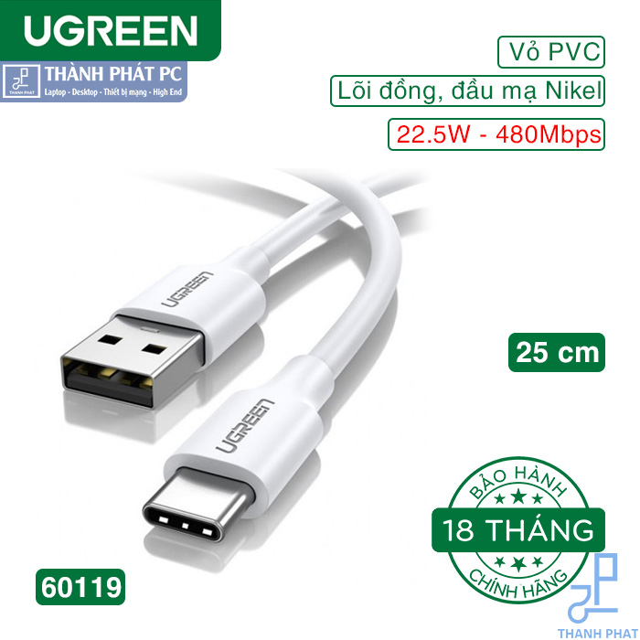 Cáp sạc 3A USB-A sang Type-C 2.0 dài 25cm Ugreen 60119