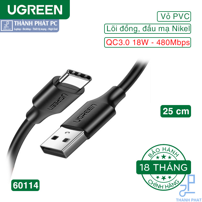 Cáp sạc, dữ liệu USB Type-A 2.0 sang USB Type-C dài 0,25m Ugreen 60114