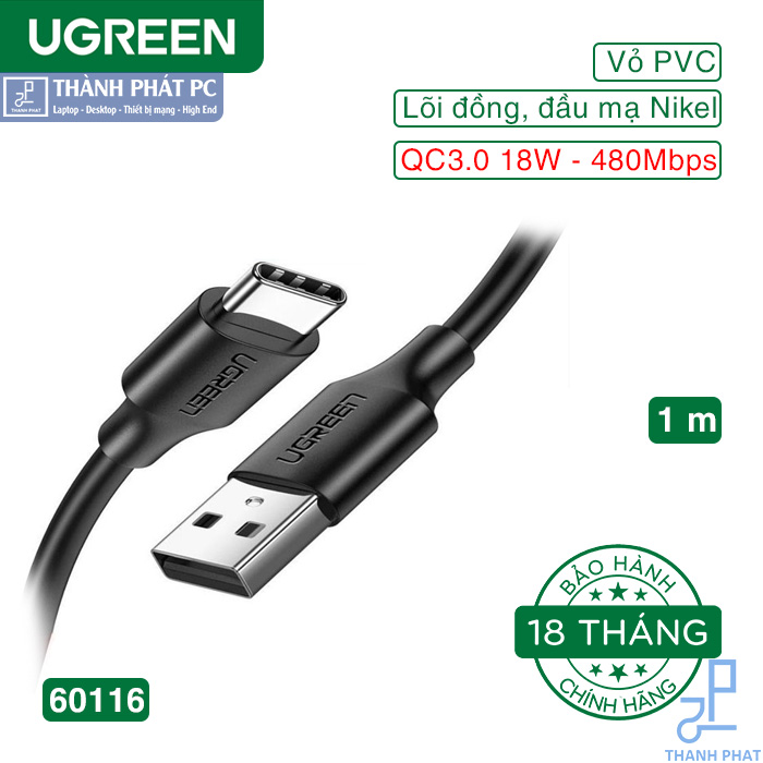 Cáp sạc, dữ liệu USB Type-A 2.0 sang USB Type-C dài 1m Ugreen 60116