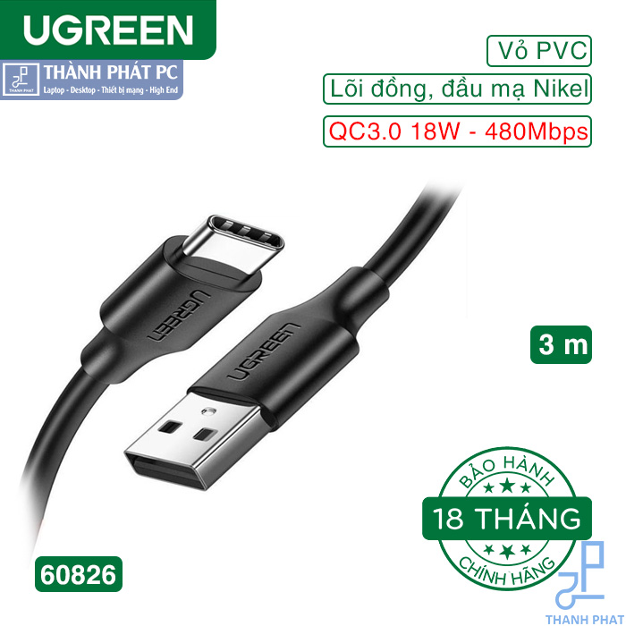 Cáp sạc, dữ liệu USB Type-A 2.0 sang USB Type-C dài 3m Ugreen 60826