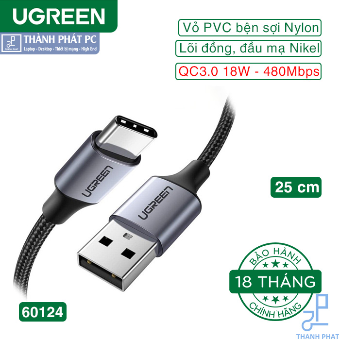 Cáp sạc nhanh USB Type-C dài 25cm Ugreen 60124