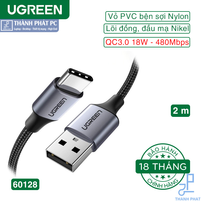 Cáp sạc nhanh USB Type-C dài 2m Ugreen 60128