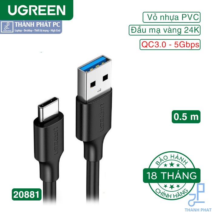 Cáp USB 3.0 to USB Type-C dài 0.5m Ugreen 20881