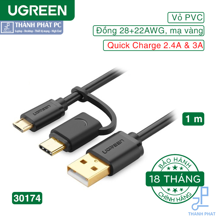 Cáp USB ra Micro USB và Type-C dài 1m Ugreen 30174