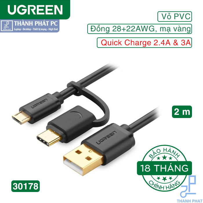 Cáp USB ra Micro USB và Type-C dài 2m Ugreen 30178