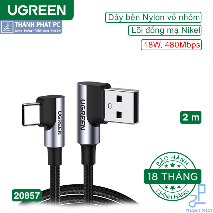 Cáp USB-A to USB Type-C bẻ góc 90 độ 2m Ugreen 20857
