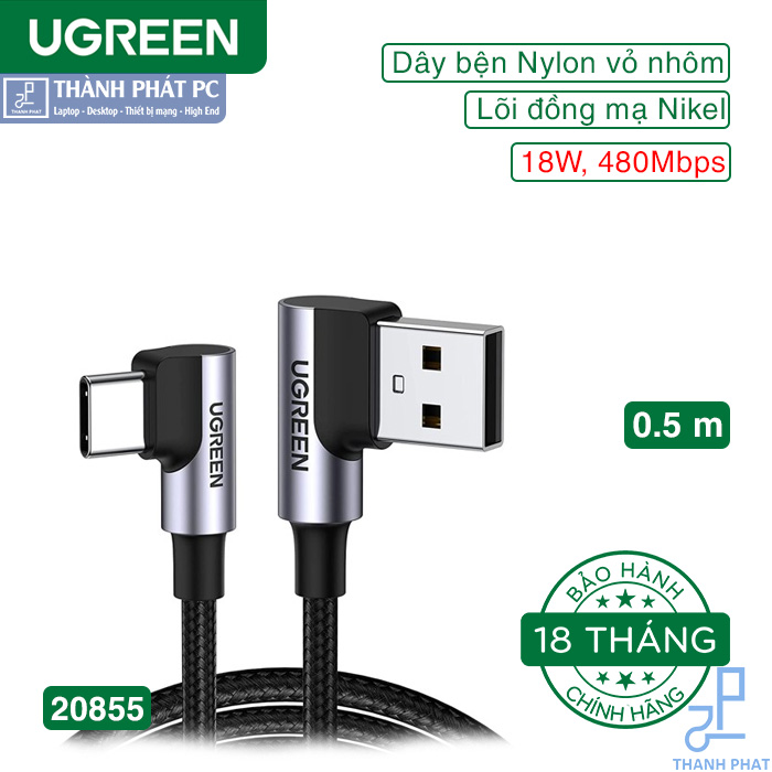 Cáp USB-A to USB Type-C bẻ góc 90 độ 0,5m Ugreen 20855