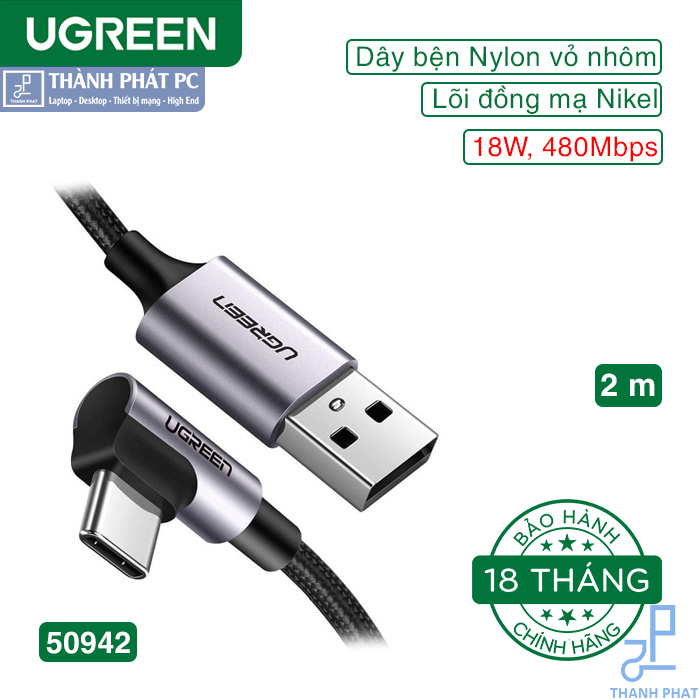 Cáp USB-A to USB Type-C bẻ góc 90 độ dài 2m Ugreen 50942