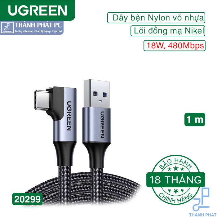 Cáp USB-A 3.0 to USB Type-C bẻ góc 90 dài 1m Ugreen 20299