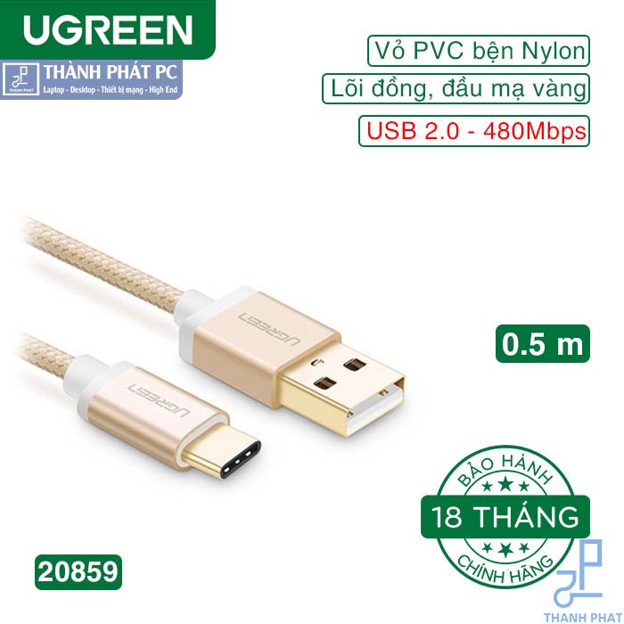 Cáp USB Type-C to USB 2.0 dài 0,5m màu Gold Ugreen 20859