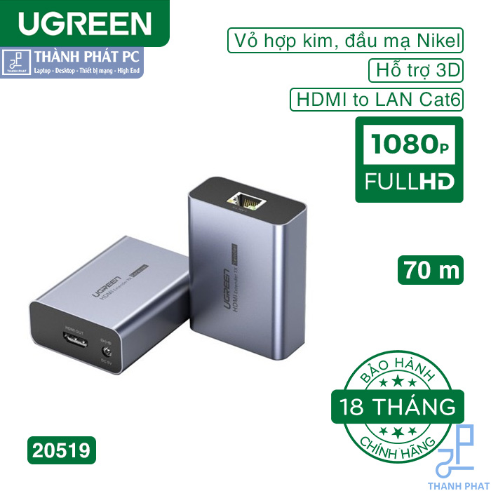 Thiết bị kéo dài tín hiệu HDMI 70m qua cáp Lan Cat6 Ugreen 20519