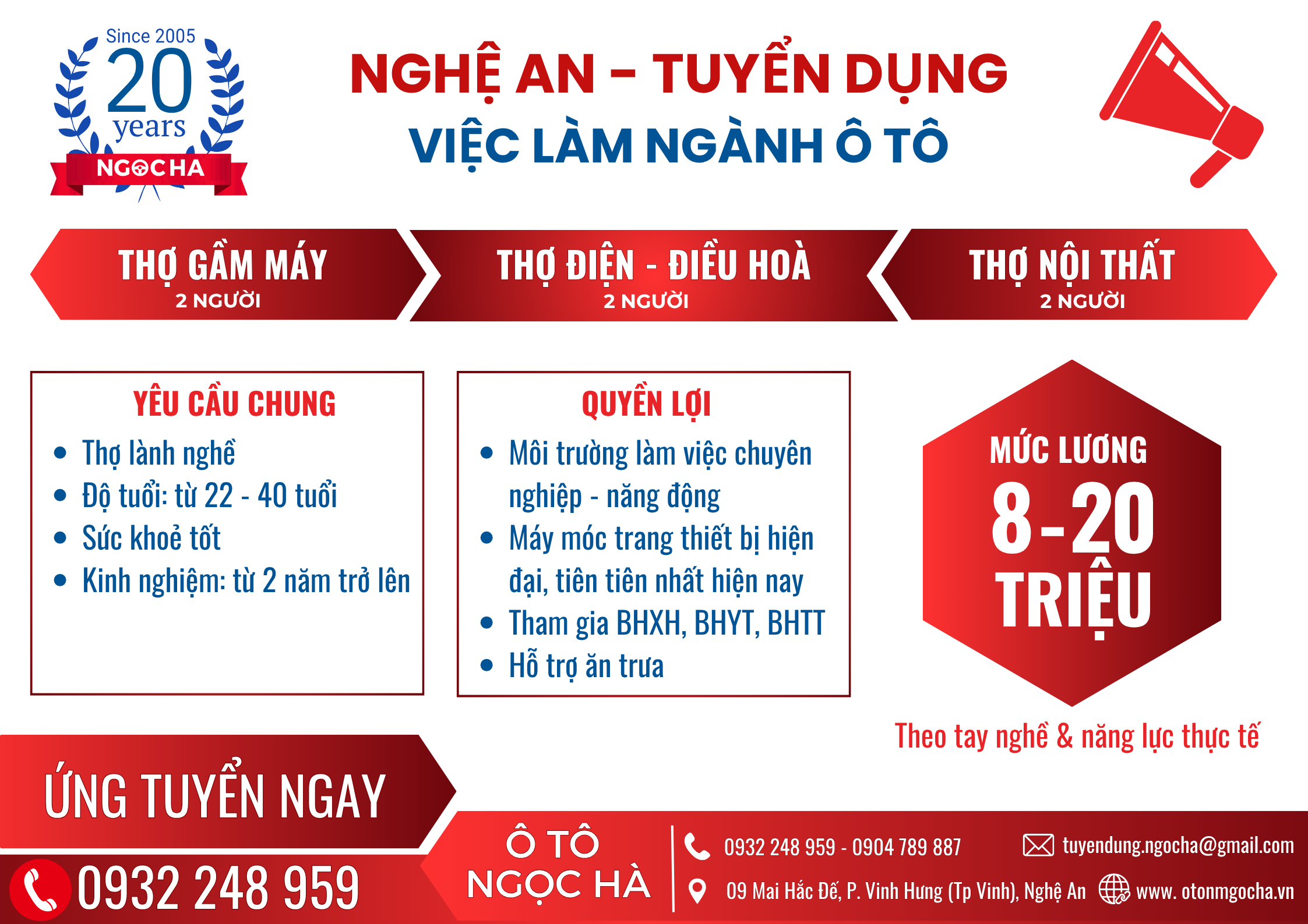 Công ty TNHH Ngọc Hà Tuyển Dụng Kỹ Thuật Viên Gầm Máy, Nội Thất Ô Tô Tại Nghệ An