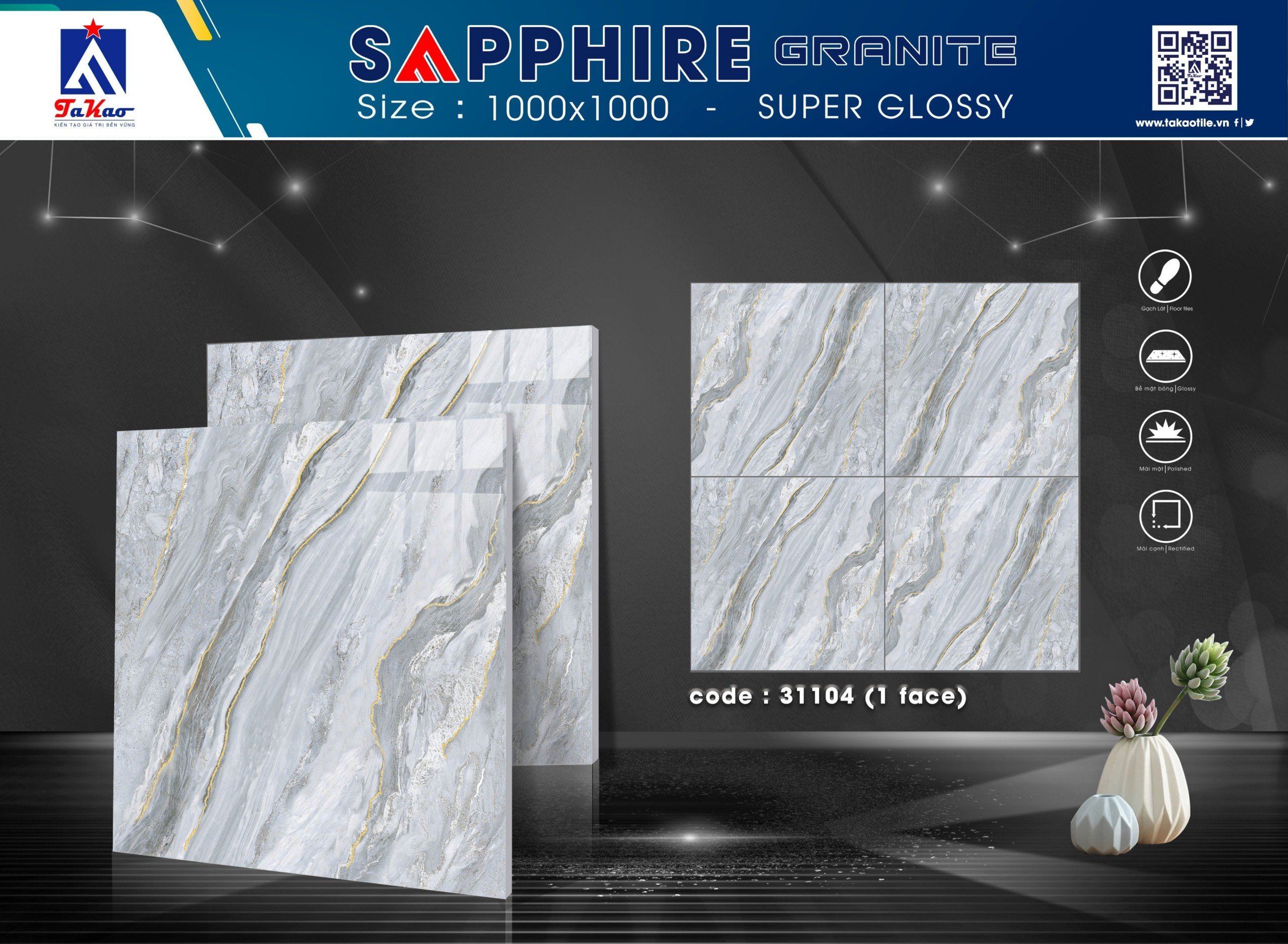 Gạch ốp lát Shapphire1000x1000 - Super Glossy (1face, 2face)