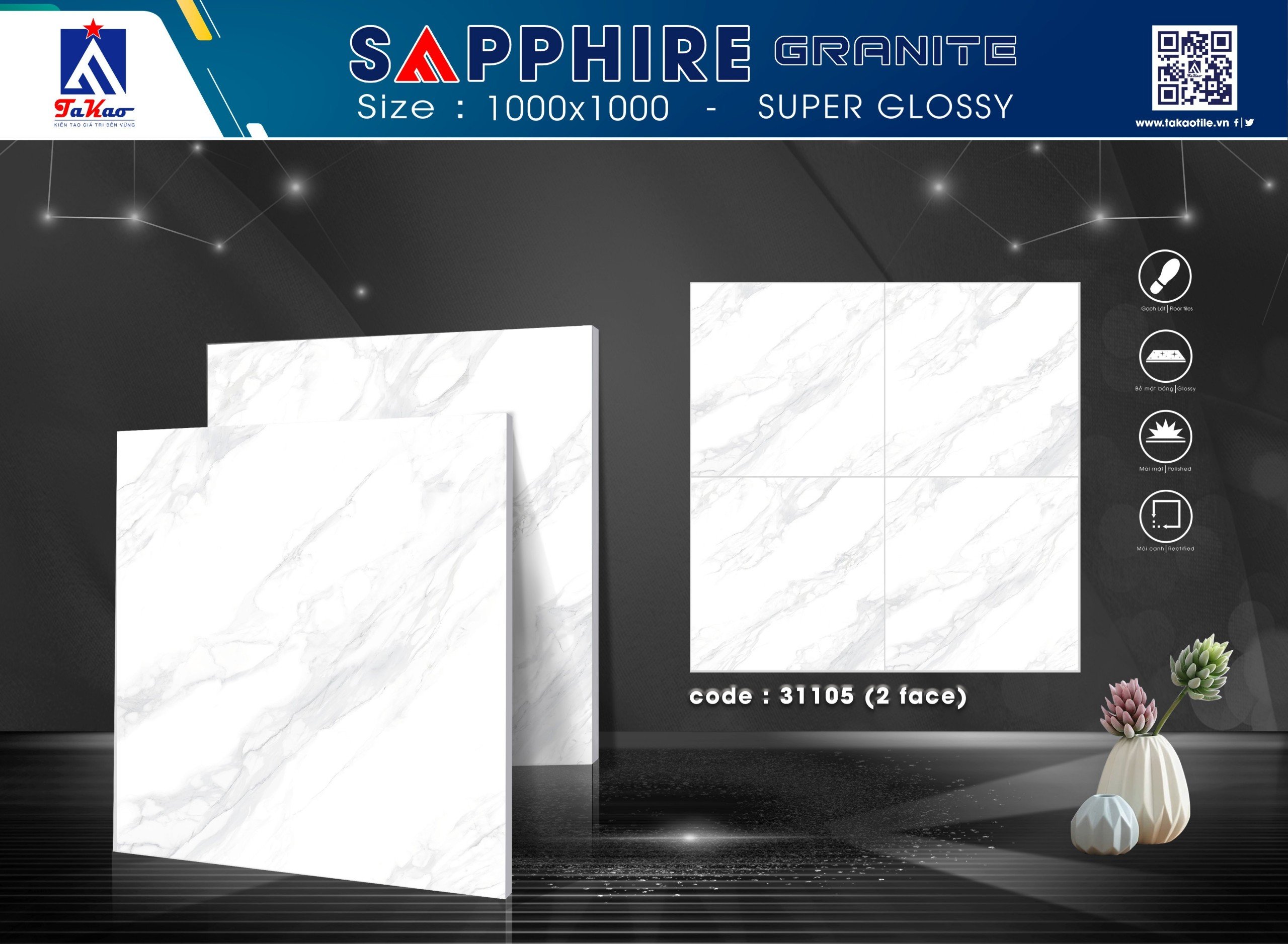 Gạch ốp lát Shapphire1000x1000 - Super Glossy (1face, 2face)