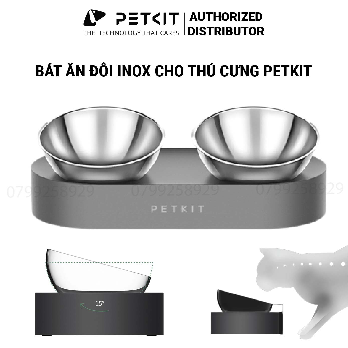 Bát ăn đôi inox chống gù cho chó mèo PETKIT nghiêng 15 độ