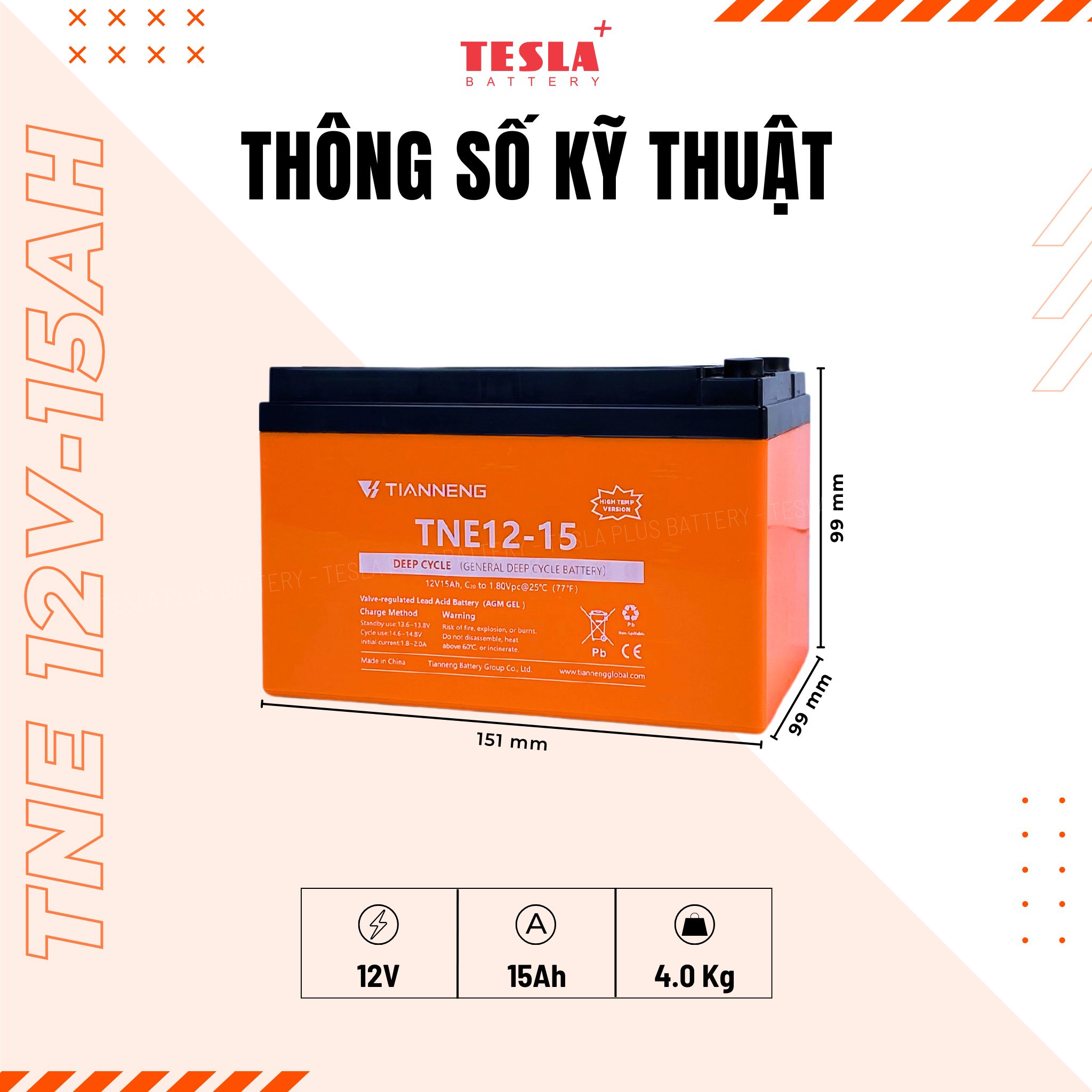 Ắc quy xe điện Tianneng 12V-15AH (chịu nhiệt)