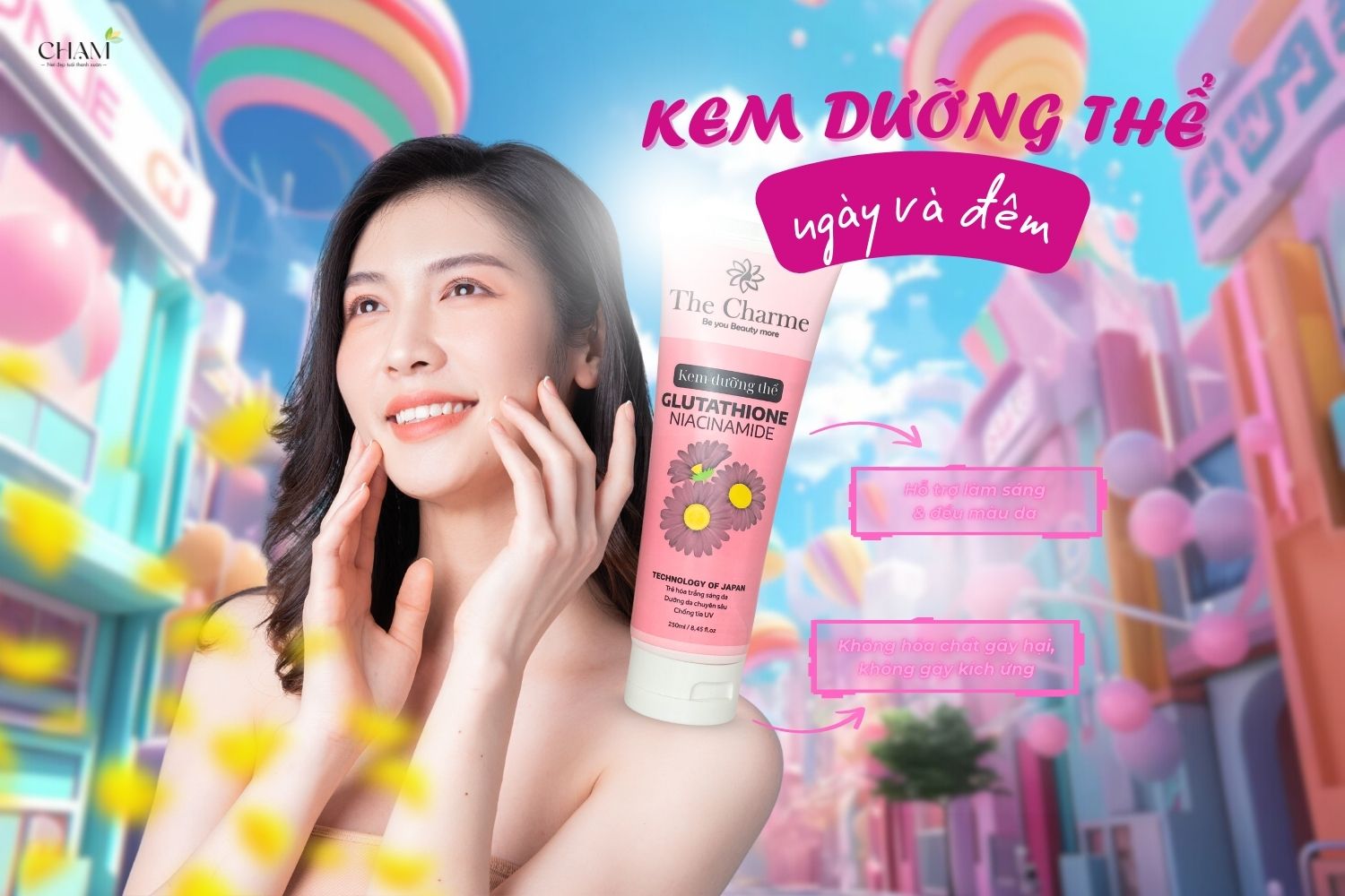 CHẠM Glutathione Niacinamide Body Cream mang lại hiệu quả dưỡng trắng vượt trội, giúp bạn có làn da sáng khỏe, mịn màng.