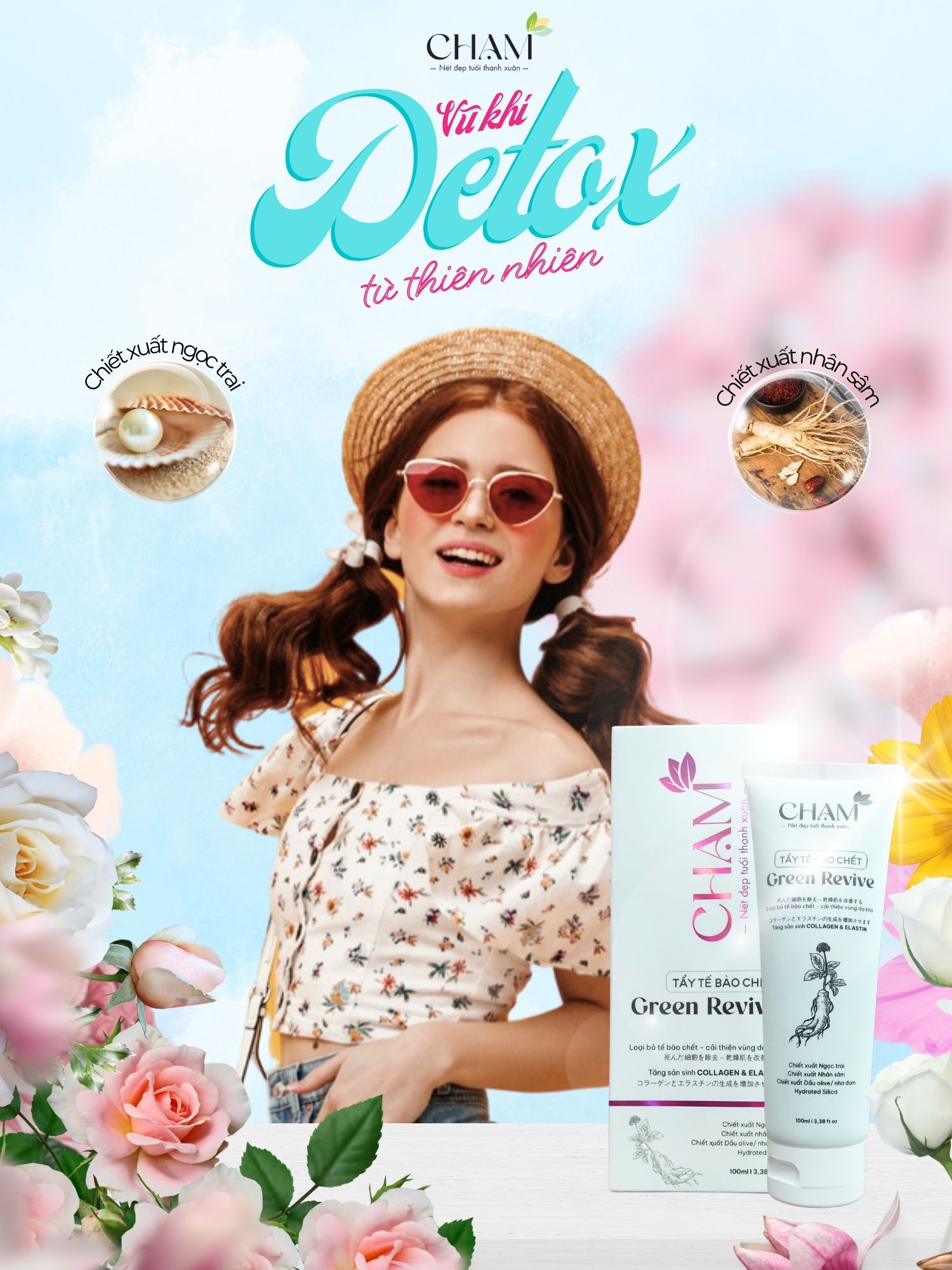 Green Revive chứa các thành phần tự nhiên như Hydrated Silica, chiết xuất ngọc trai, nhân sâm, cúc la mã
