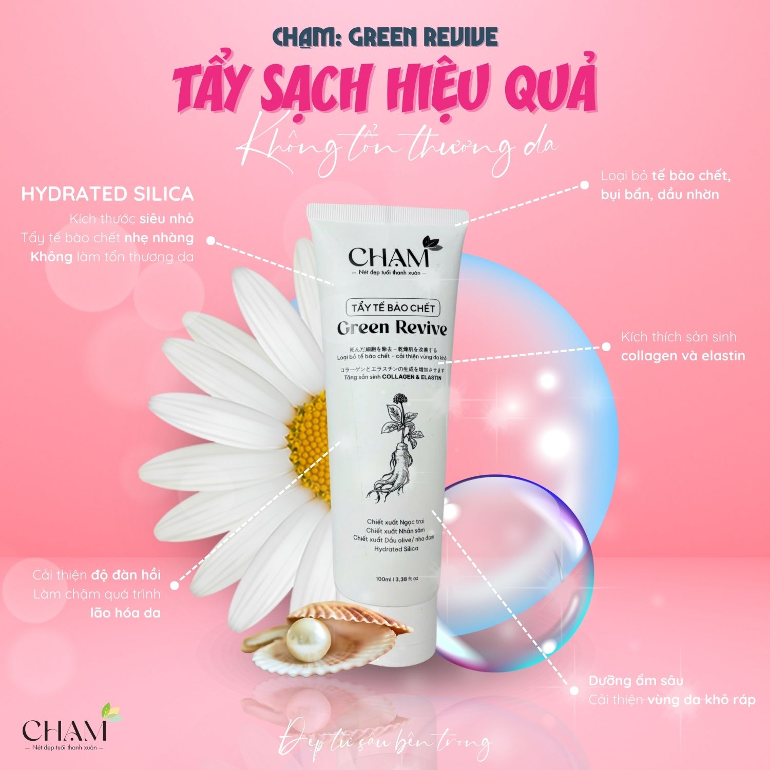 Tẩy tế bào chết Green Revive chứa các thành phần tự nhiên như Hydrated Silica