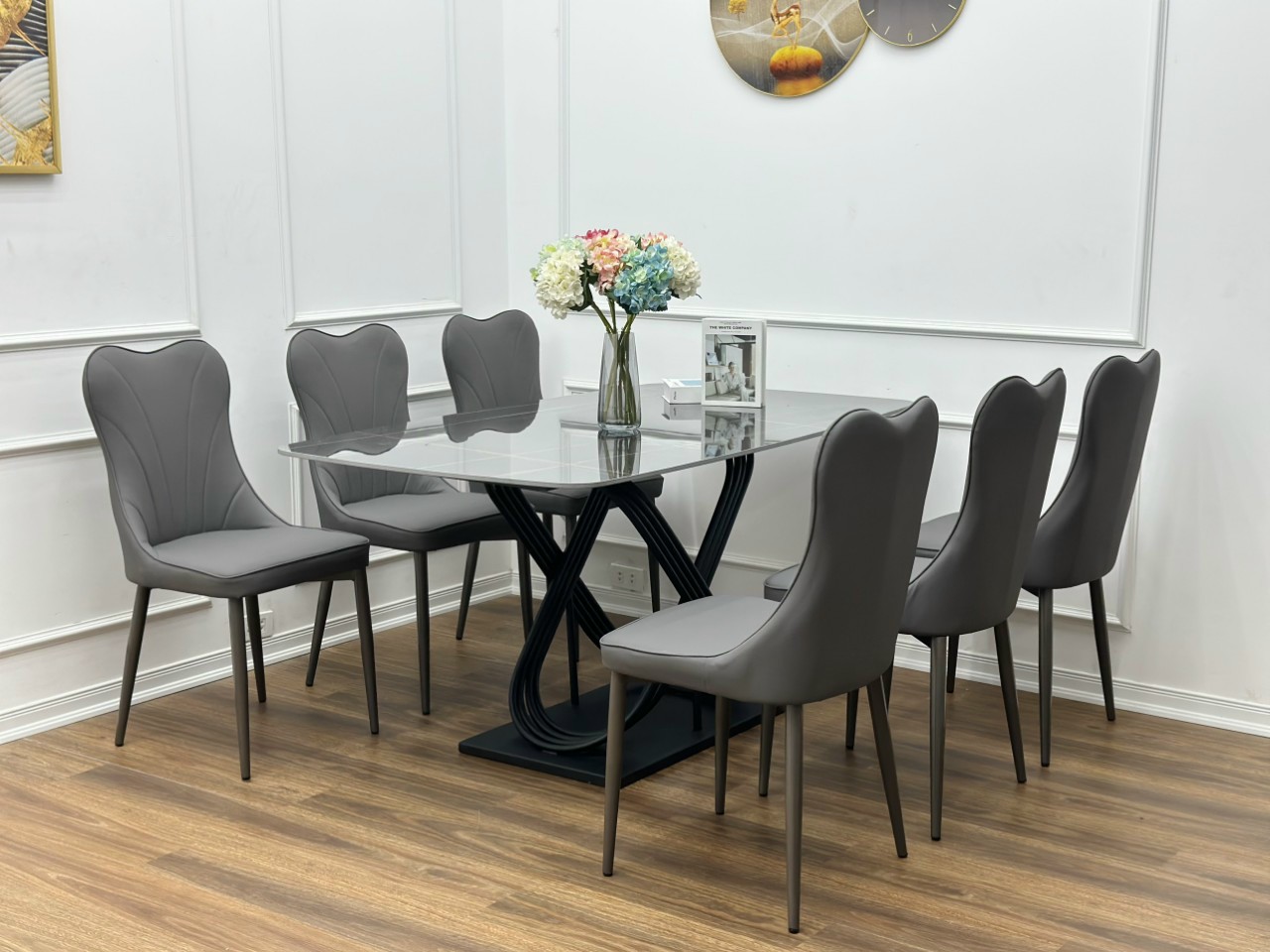 Bộ bàn ăn 6 ghế chân sắt ghế nệm ghế heart - Nội thất Gia Phú