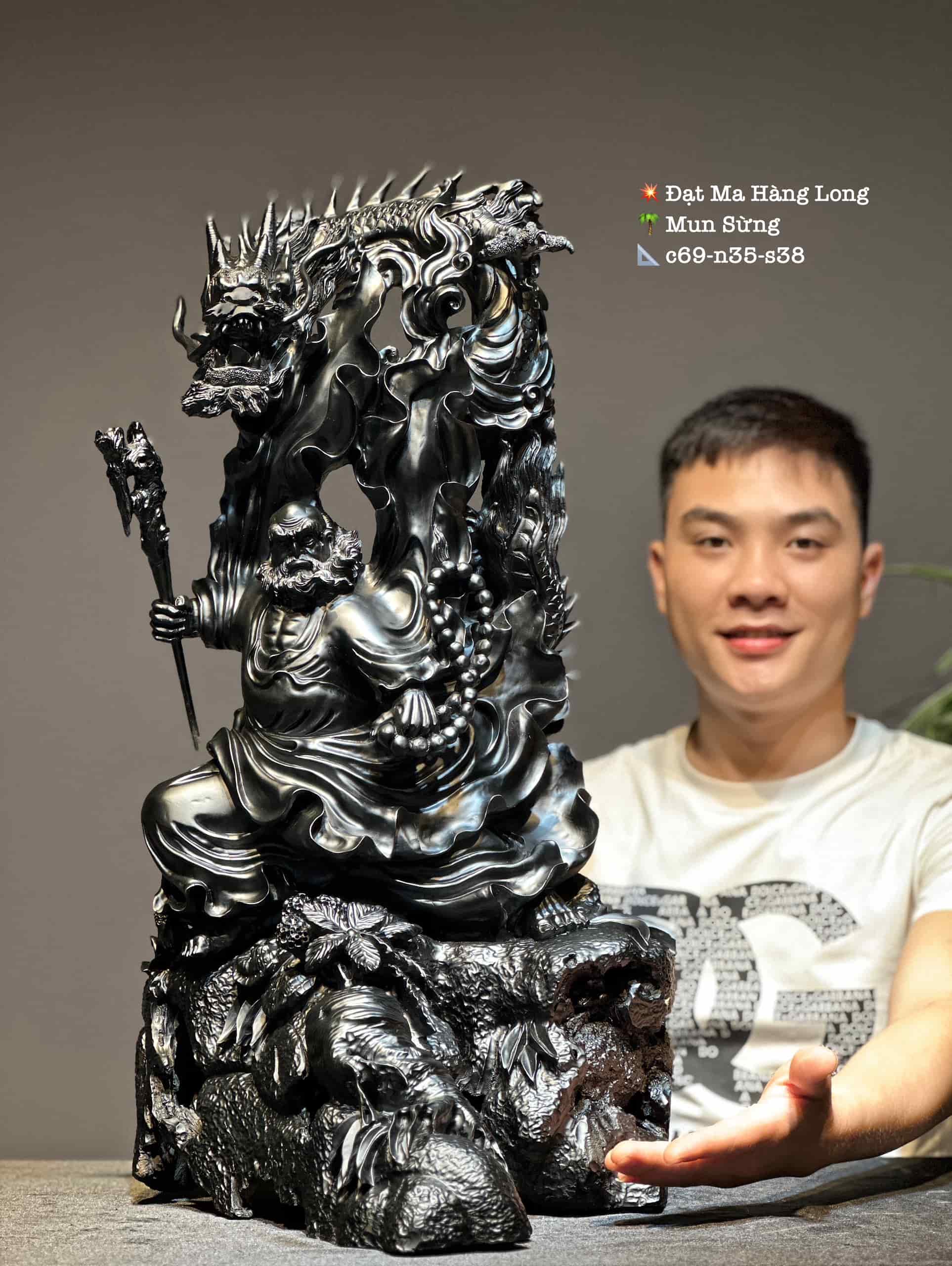 Tượng Ngài Đạt Ma Hàng Long gỗ mun sừng đẹp