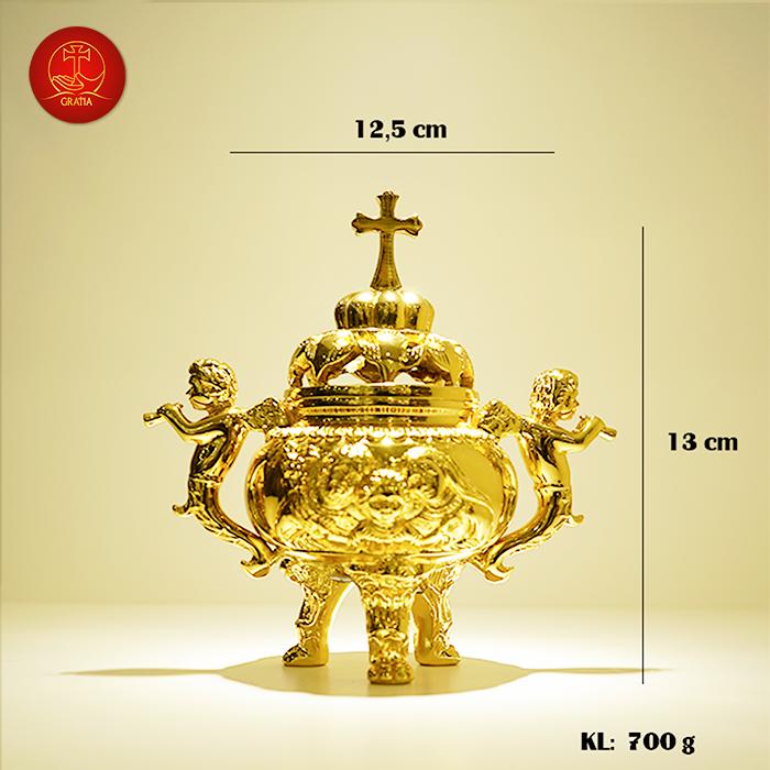 Lư Hương Đốt Trầm Bằng Đồng (Mẫu Tròn) Cao 13cm - Màu Gold
