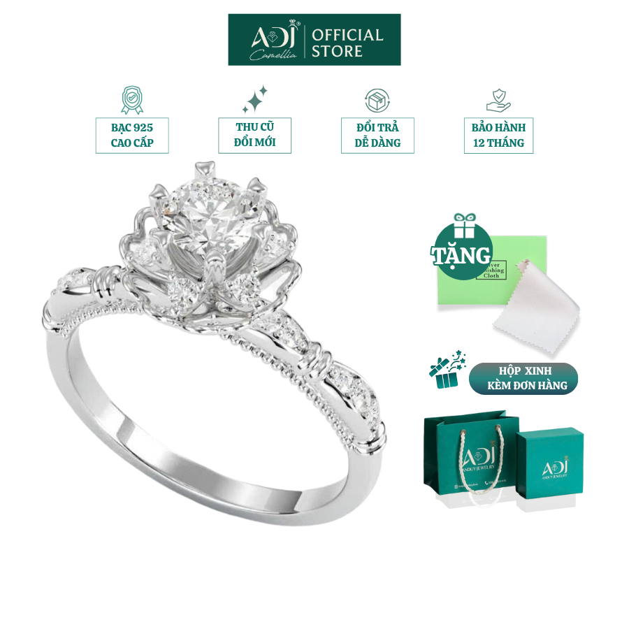 Nhẫn Bạc Nữ ADJ Hoa 6 Cánh Trái Tim Viền Đá Lấp Lánh Viên Chủ Sang Trọng