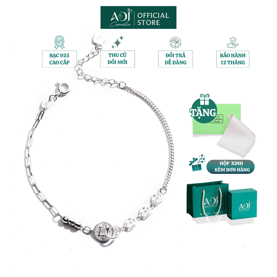 Lắc Tay Nữ Bạc ADJ 925 Kim Tiền Đính Đá May Mắn Phụ Kiện Trang Sức Nữ Cao Cấp SLT134339AD